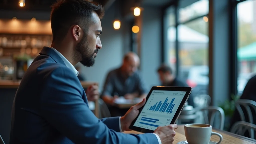 restaurant owner analyzing loyalty analytics data on tablet, overlooking restaurant