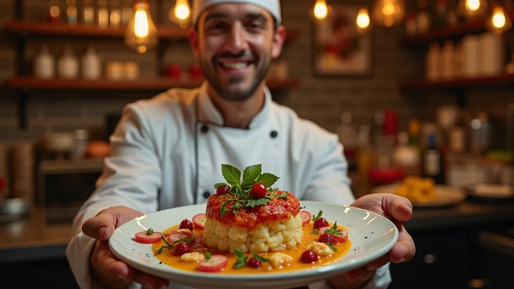 limited-edition menu item chef presenting special plate photorealistic festive decor