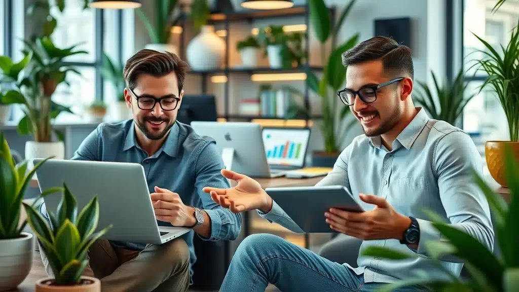 Entrepreneurs managing multiple marketing activities for small business success