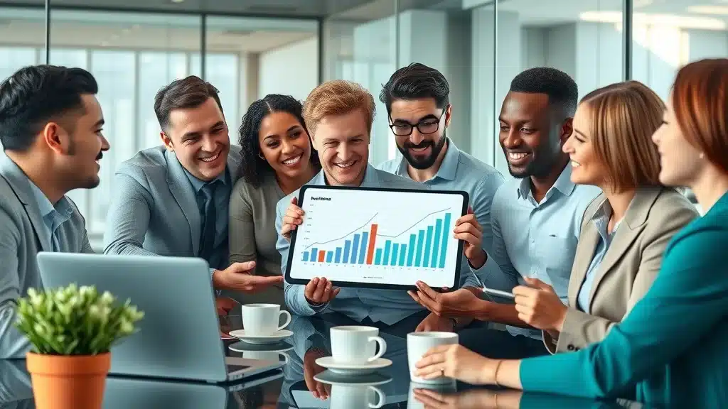 Diverse team discussing successful best way to market a business case study with digital charts