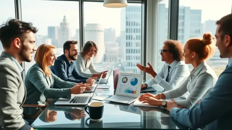 A diverse group of professionals sit around a conference table in a modern office, discussing charts and graphs displayed on laptops, with a cityscape visible through large windows in the background.