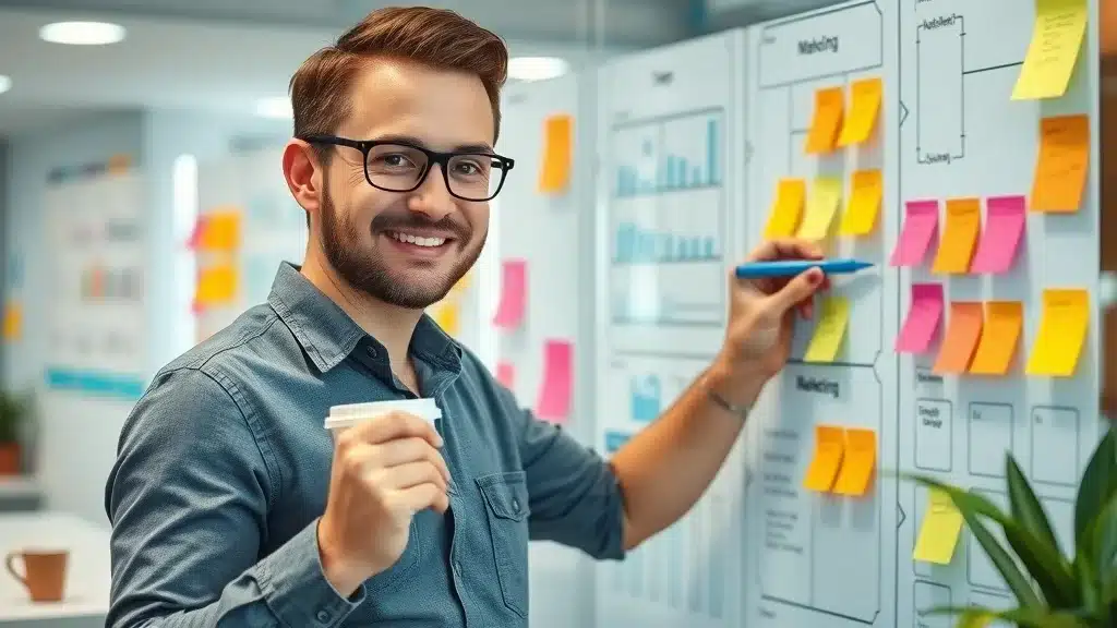 Small business owner mapping out a comprehensive marketing plan for success using visual charts