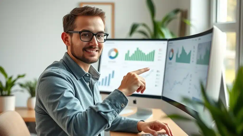 Marketing professional optimizing a website for SEO with analytics and dynamic graphs on screen