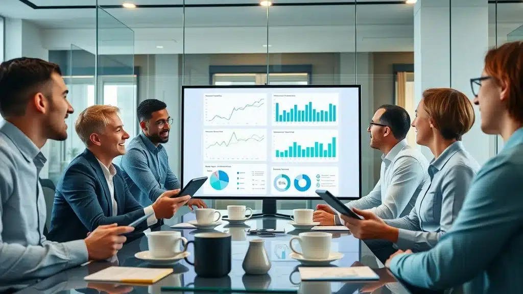 Professional marketing team analyzing campaign results on digital dashboards in a modern boardroom