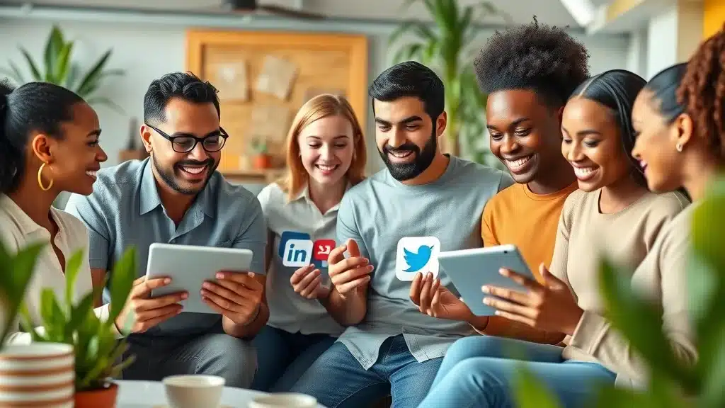 Entrepreneurs brainstorming social media strategy, reviewing different platform logos in a lively coworking space