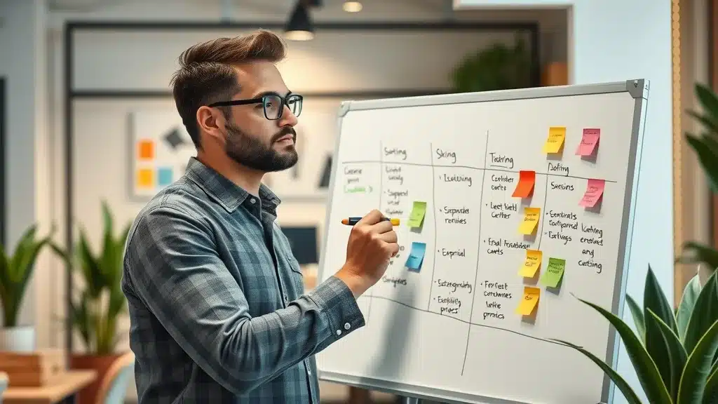Business owner sketching customer personas on a whiteboard in a modern office lounge