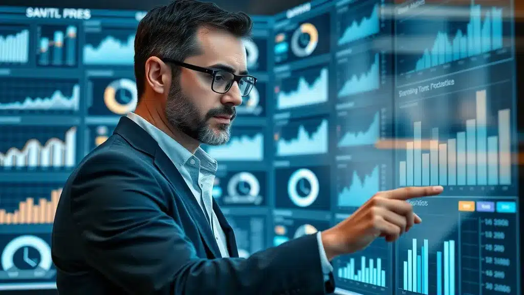 Strategic marketer reviewing key performance indicators for business marketing strategies using KPI dashboards