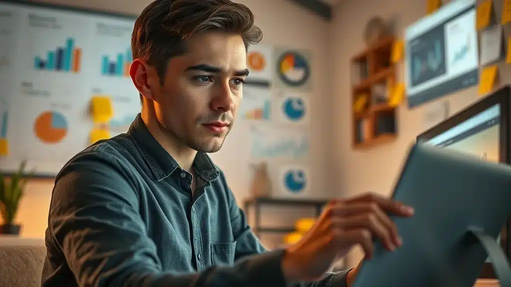 Young marketer analyzing marketing data on a dashboard for effective marketing techniques