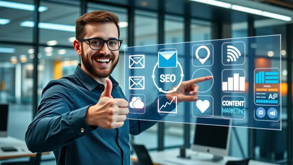 Digital marketer comparing email, SEO, influencer, and content marketing on an interactive display