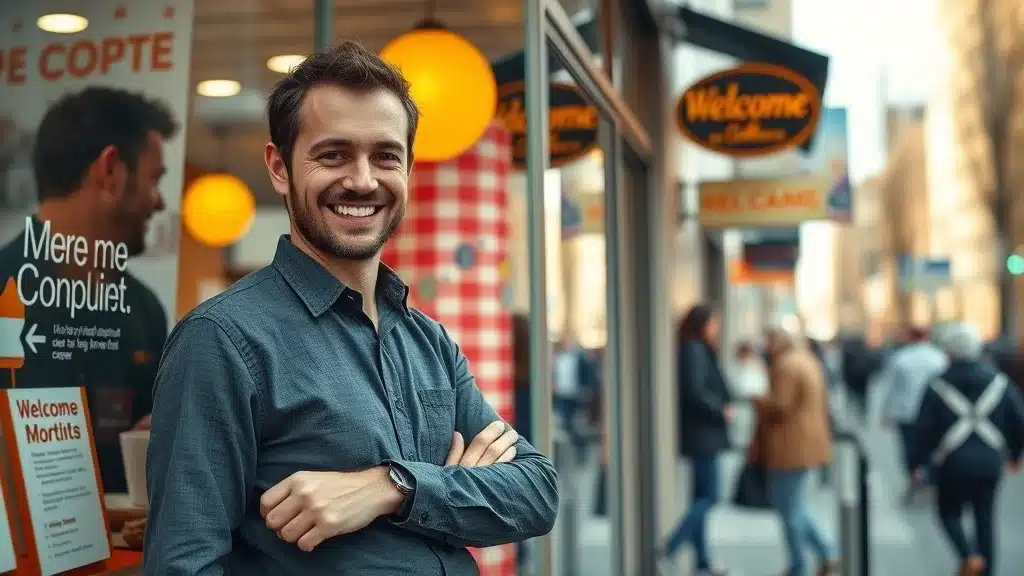 Small business marketing tips - Confident business owner outside well-branded shop, busy urban street