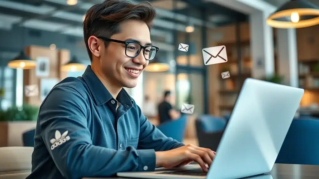 Digital marketing for small business tips - Professional with laptop, social media and email icons