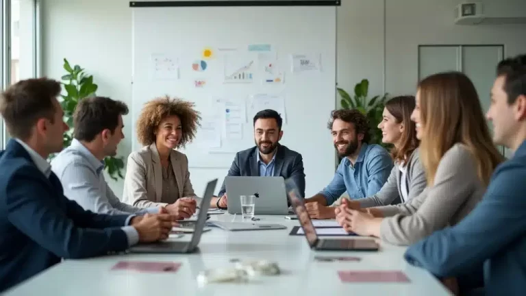 Eight people sit around a conference table in a modern office, smiling and engaged in discussion. Laptops and papers are on the table, and charts are visible on the wall in the background.
