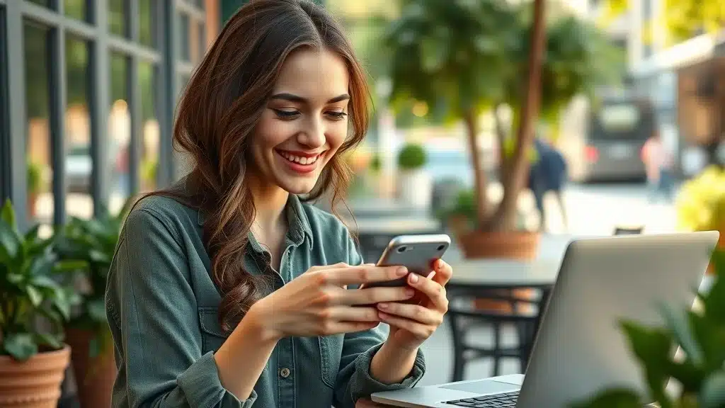 Engaged woman using smartphone to interact on social media, part of an effective marketing plan