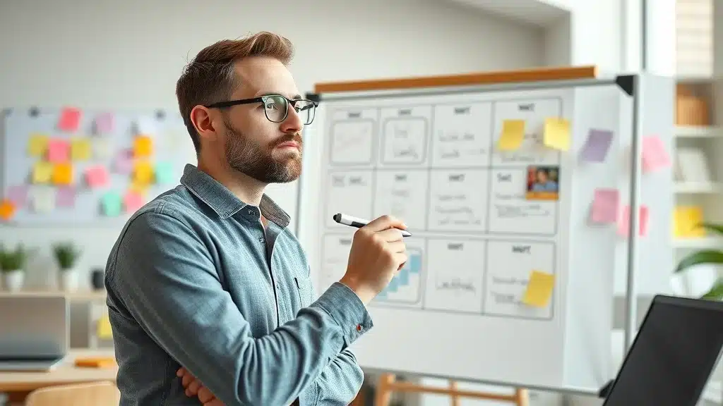 Small business marketing strategy planning - Entrepreneur mapping marketing plan on whiteboard with sticky notes