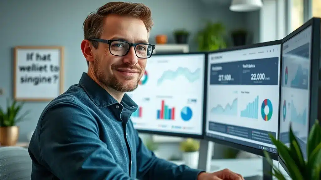 Digital marketer reviewing SEO analytics for targeted marketing campaigns and traffic growth