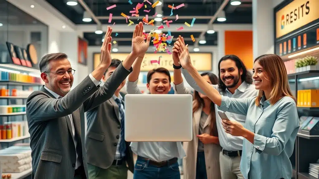 Small business team celebrating successful social media marketing strategies with a viral post