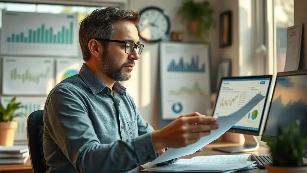 Small business owner analyzing business marketing strategies and reviewing marketing strategy charts