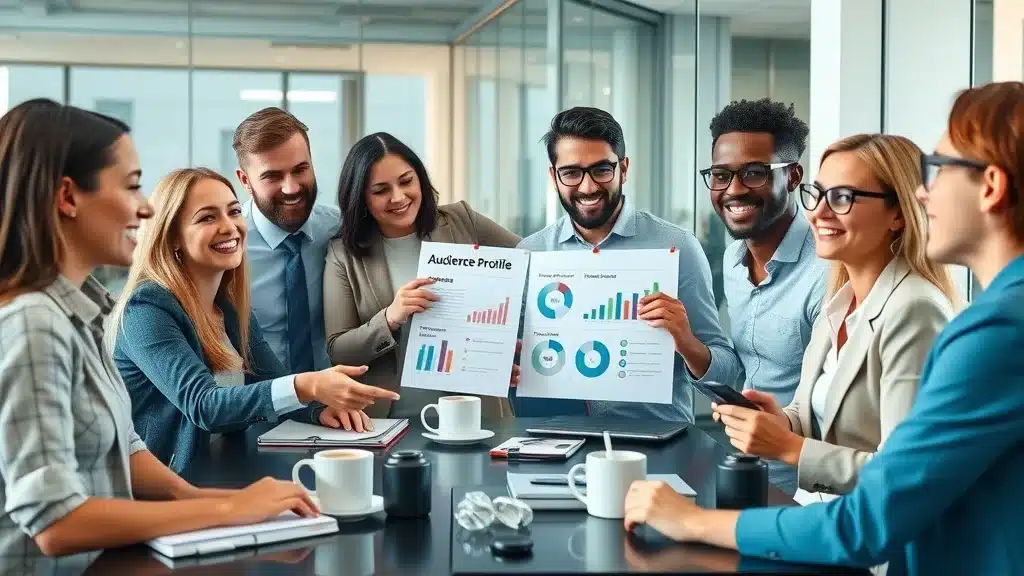 Target audience planning for small business marketing tips - Diverse team analyzing audience charts in modern office