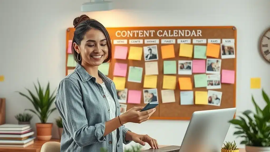 Content marketing calendar for small business tips - Entrepreneur arranging sticky notes and posts