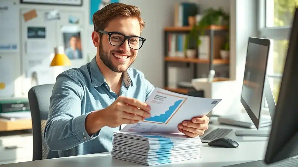 Direct mail marketing for small businesses - Marketer preparing branded mailers in office