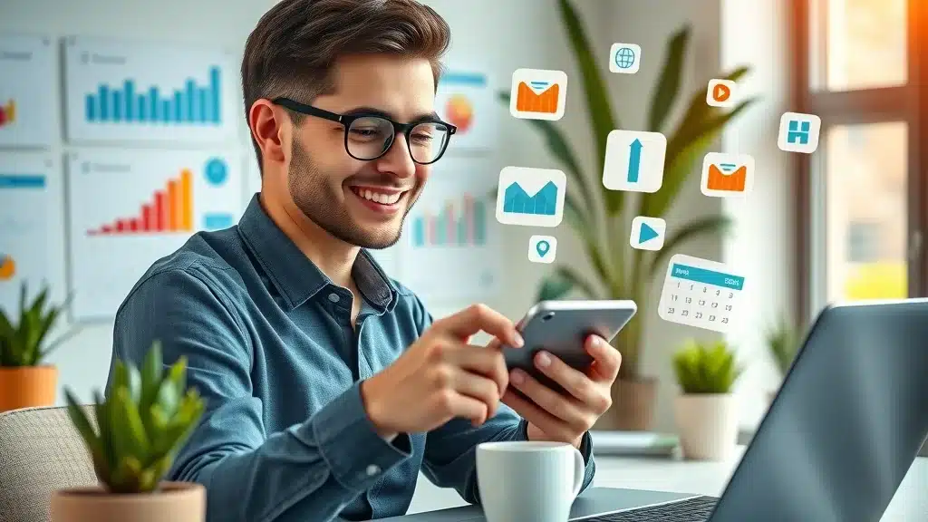 Scheduling social media marketing for small business - Owner engaging with content calendar on mobile