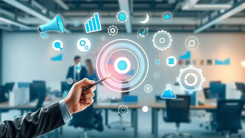 Infographic showing business marketing strategies components including charts, target symbols, megaphones, and gears