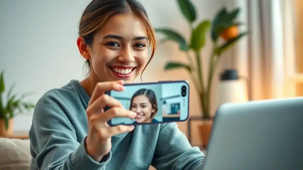 Modern influencer recording product review as part of an innovative affiliate marketing campaign