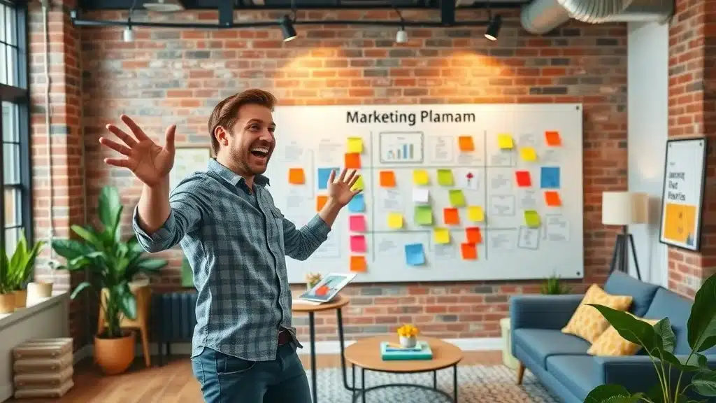 Energetic marketer designing a marketing plan roadmap for business marketing strategies in a creative studio