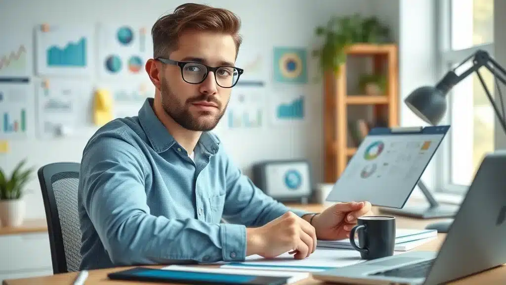 Business owner in a home office planning digital marketing strategy using infographic tools, charts, and planners