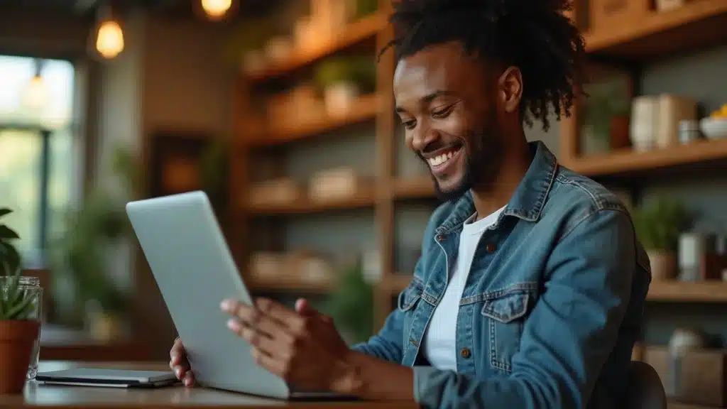 Smiling small business owner reviews digital marketing analytics on a tablet—mastering digital marketing must haves for small businesses in 2026.