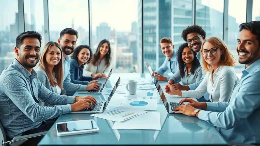 Dynamic group of diverse business professionals discussing effective marketing techniques in a modern office with digital charts and laptops