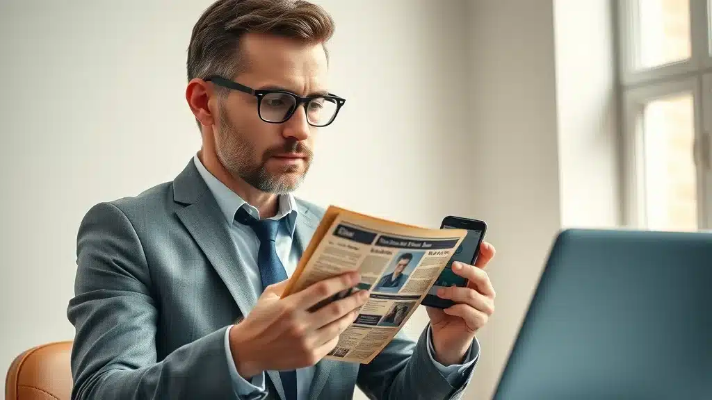 Business owner comparing vintage print ads with a smartphone displaying social media apps