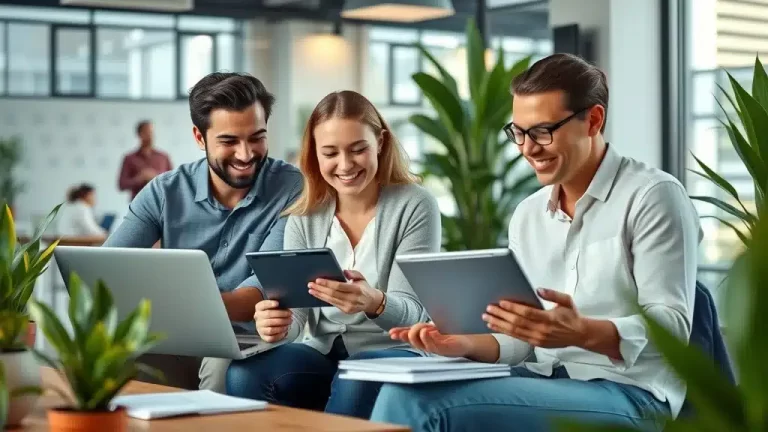 Three young professionals sitting at a table in a modern office, smiling and collaborating while using a laptop and tablets, surrounded by green plants and bright natural light.