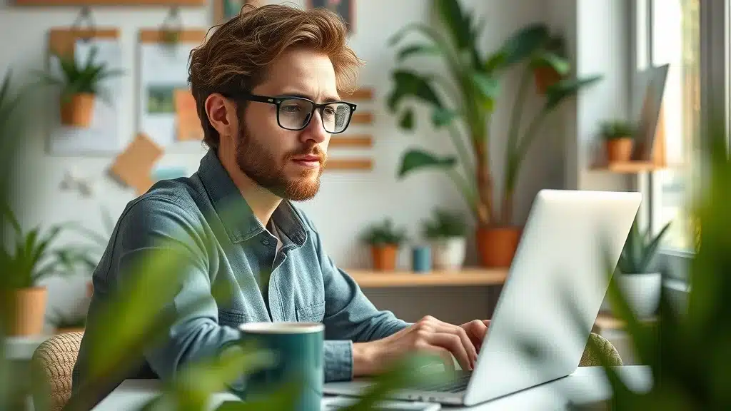 Creative content strategist crafting compelling marketing content at laptop in a plant-filled workspace
