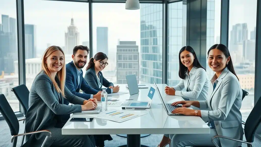 Five business professionals sit around a conference table in a modern office with large windows, laptops, and documents, smiling and collaborating against a city skyline backdrop.