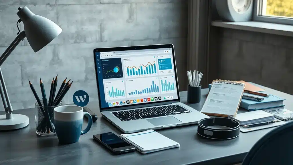 Digital marketing tools on a desk with analytics dashboard, smartphone, and planner in a sleek workspace