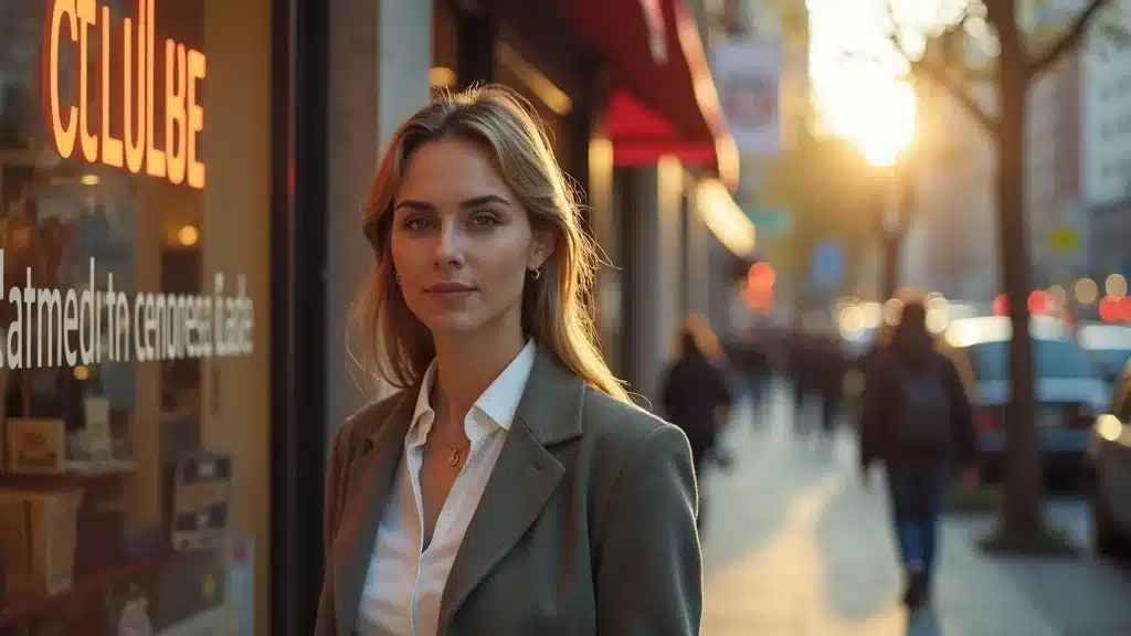 Small business owner standing confidently next to a branded storefront, showcasing consistent messaging—a digital marketing must have for small businesses.