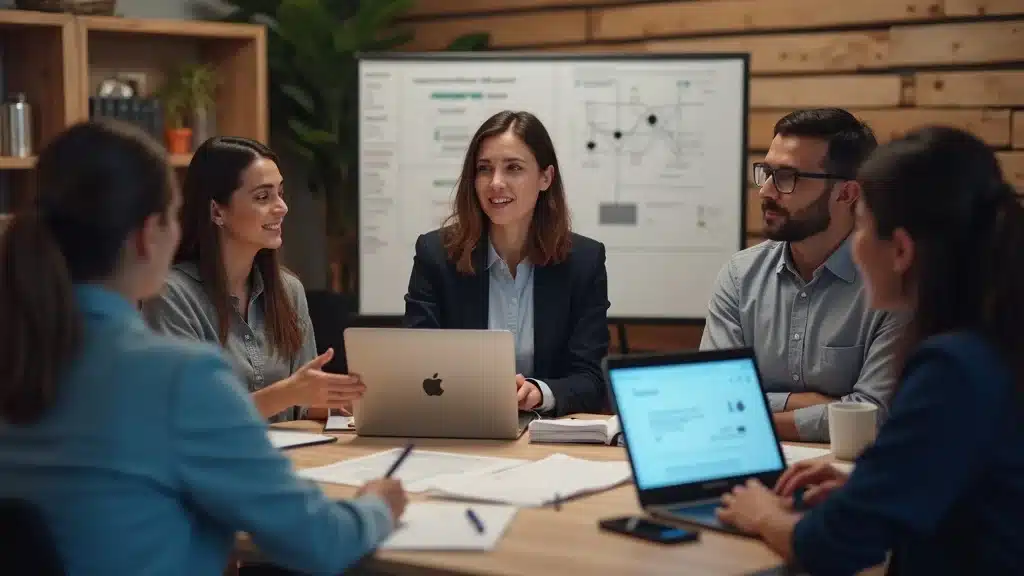 Digital marketing expert consulting with small business owners in a messaging strategy workshop—an essential digital marketing must have for small businesses.