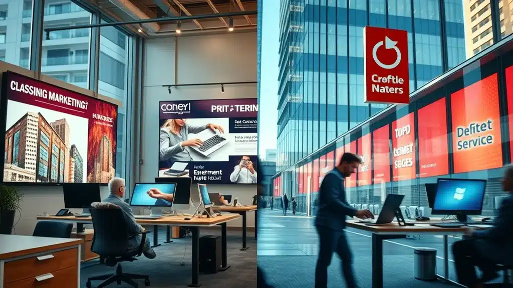 Balanced split scene of traditional vs digital marketing strategies in business marketing with print and digital elements