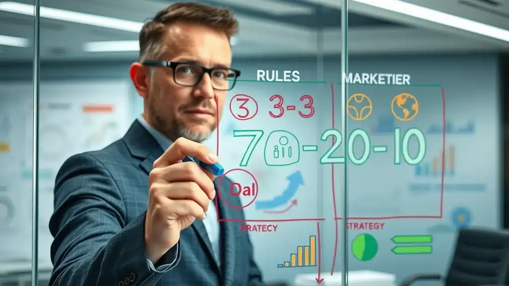 Marketer illustrating marketing rule frameworks on glass board—content strategy visualizations, high-tech boardroom
