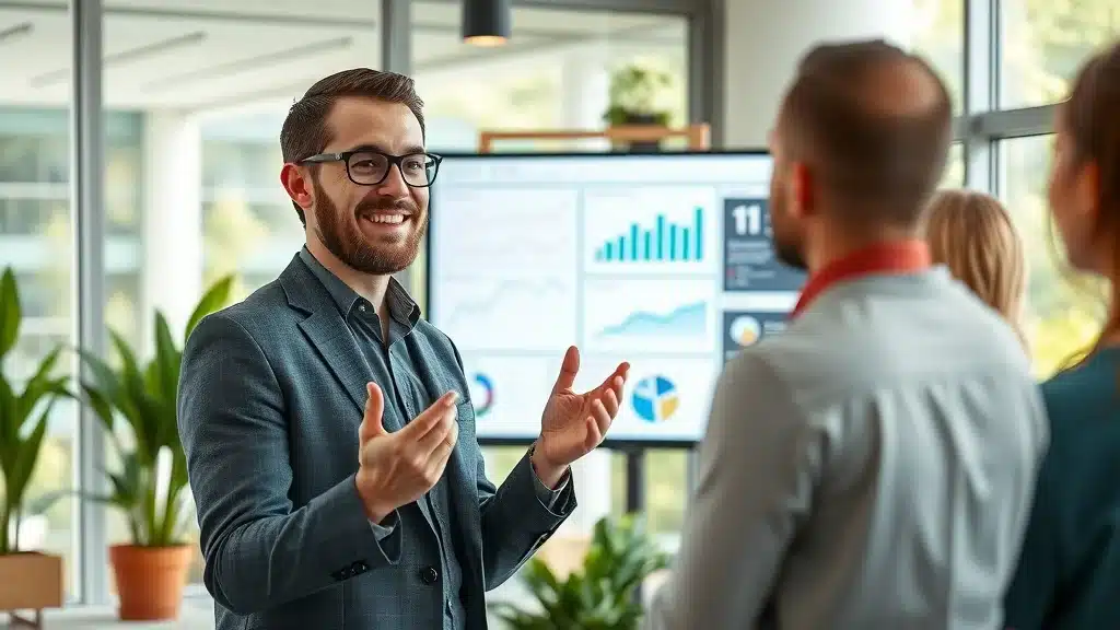 Digital marketer presenting online marketing success and key methods to small business owners