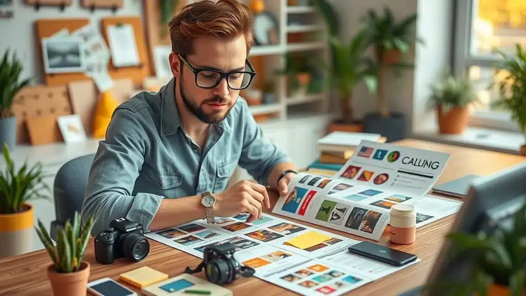 Creative social media manager planning content calendar for brand's marketing strategy in a cozy studio