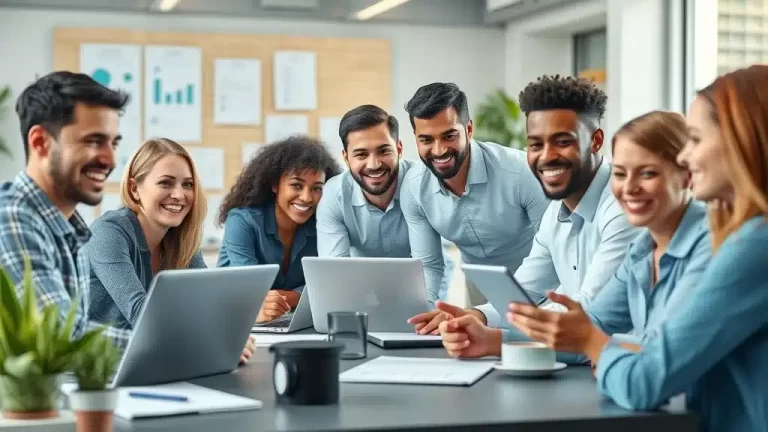 Marketing team collaborating with laptops around office table