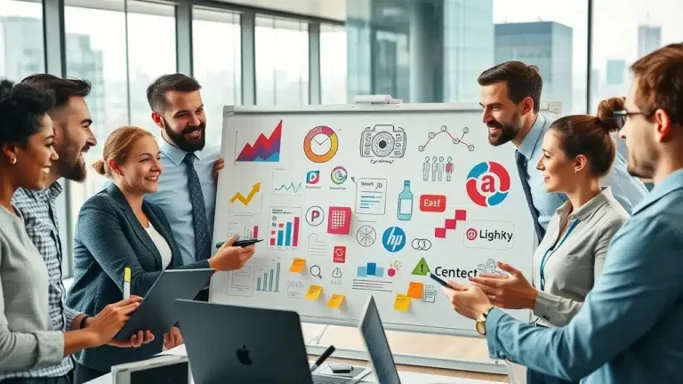 A group of professionals in business attire discusses graphs, charts, and company logos on a whiteboard in a modern office, appearing engaged and collaborative. Laptops and cityscape windows are visible in the background.