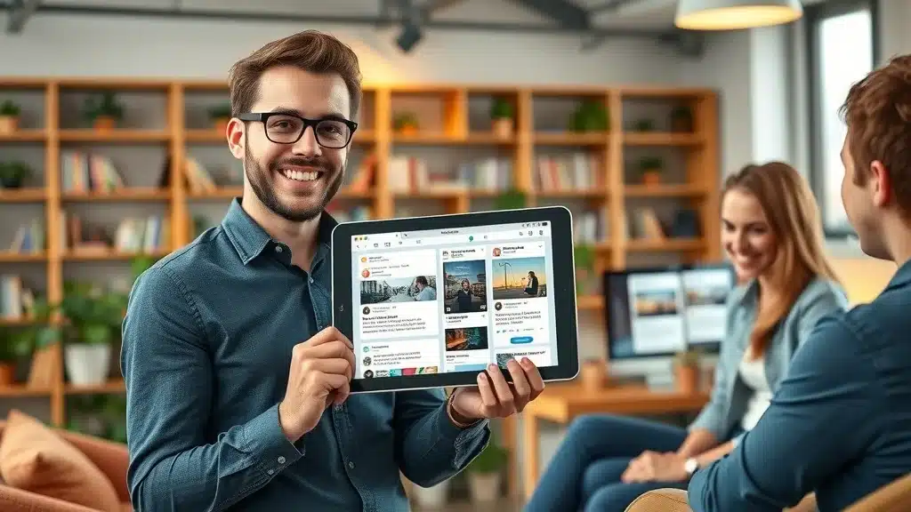 Content marketer presenting optimized blog and social media formats—teaching audience about adapting content formats for platforms