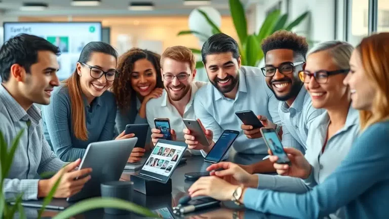 A diverse group of eight young professionals sit around a table in a modern office, smiling and holding smartphones, with laptops and a tablet displaying images. They appear engaged and collaborative.
