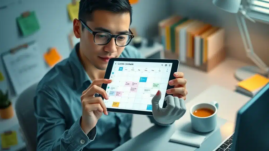 Focused media manager organizing social media content calendar and scheduling posts in an organized workspace