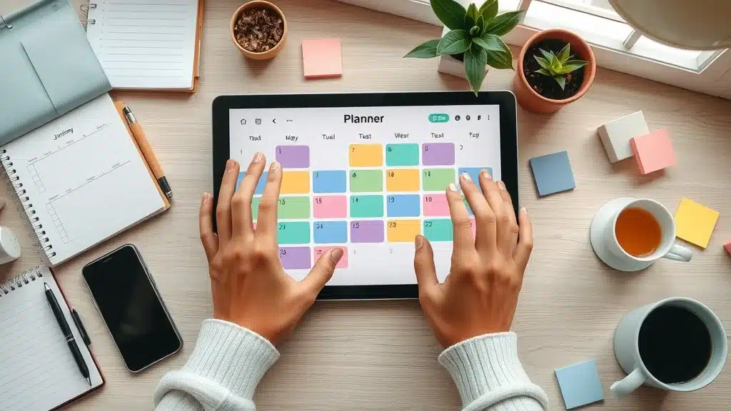 Content marketer arranging digital content calendar—organized desktop, colorful blocks, calm setting emphasizing strategic planning