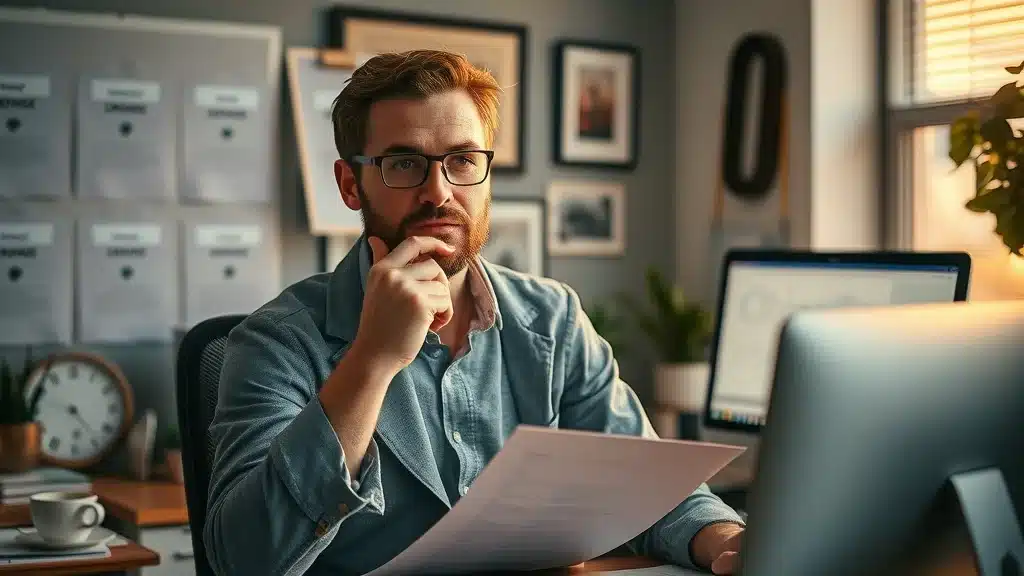 Resilient marketer overcoming challenges with content marketing strategy—papers and screens, sunrise light, thoughtful expression