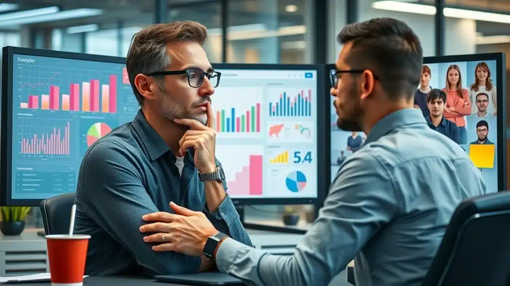 Candid market research scene of a marketing manager analyzing target audience and personas for branding and promotion